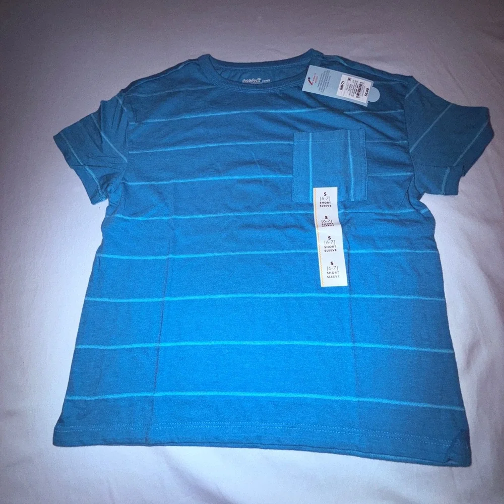Cat & Jack T-Shirt‎ Kids S 6/7 Teal New Striped Pocket Short Sleeve Tee